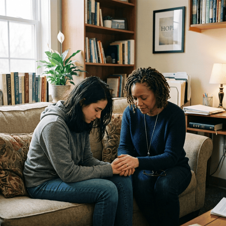 Counselor holding a young woman's hands during a supportive conversation
